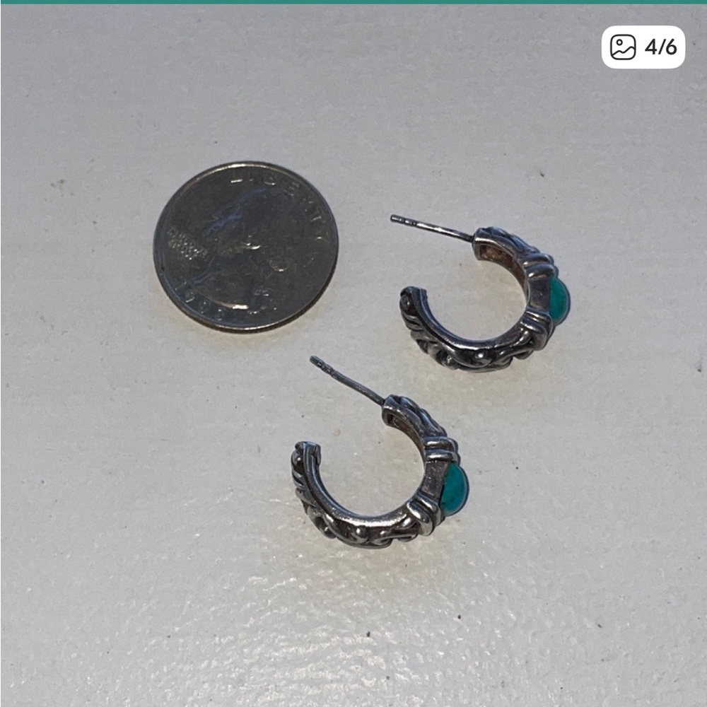 Vintage 925 Sterling Silver & Turquoise Hoop Pierced Earrings 9 grams - Picture 2 of 5